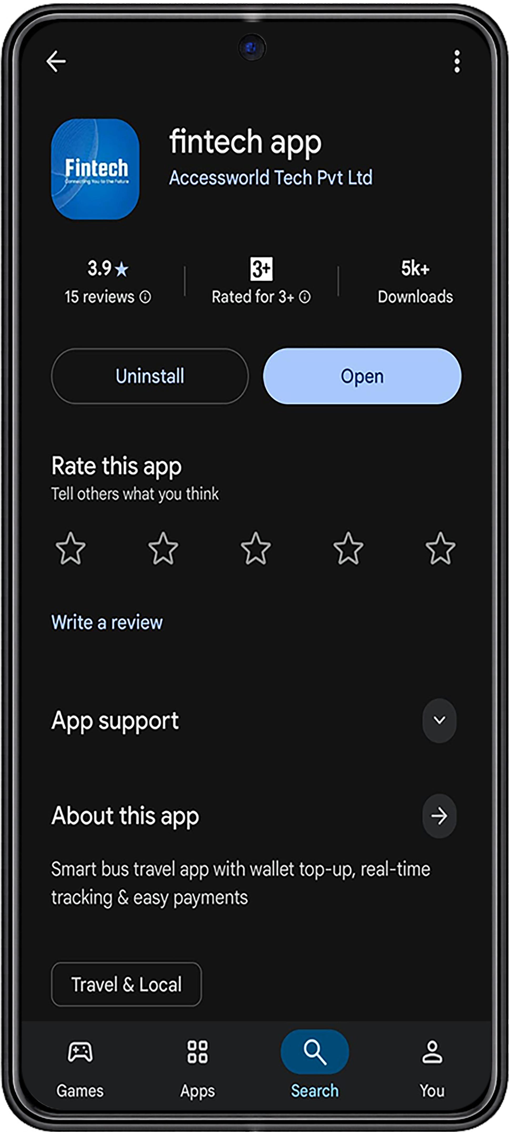 Fintech app preview styled for Google Play